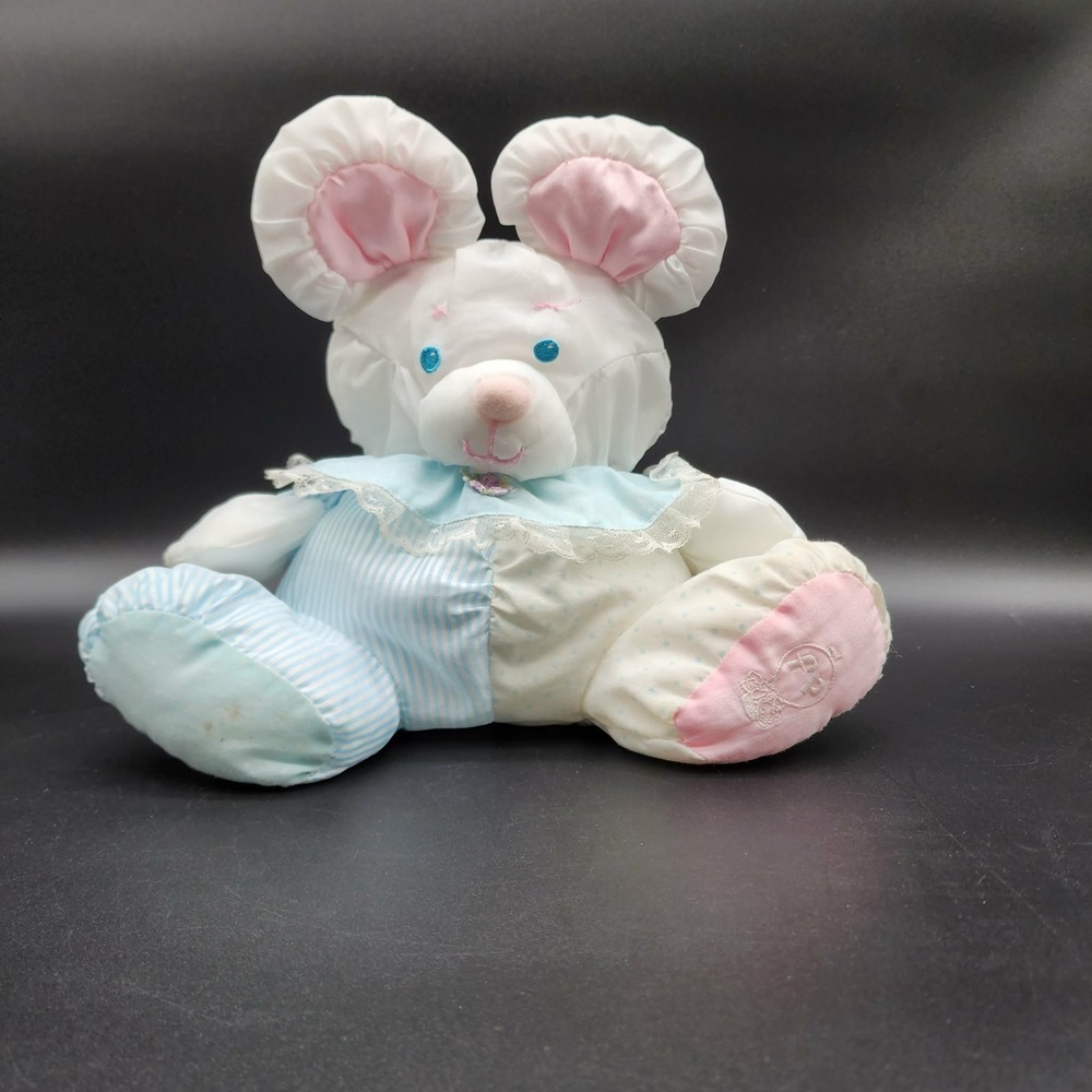 Vintage Puffalump Style Mouse Plush Blue Pink White Stripe Polka Dot 11in Toy